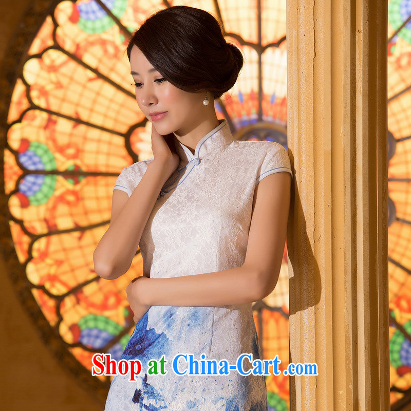 The cross-sectoral Windsor blue pixel new summer retro lace daily improved cheongsam dress short-sleeve and collar cheongsam dress dress ZA 1508 white XL, Yee-Windsor, shopping on the Internet