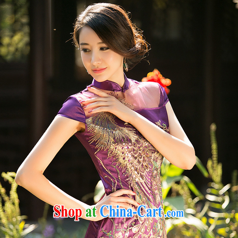 The cross-sectoral silence Elizabeth, New summer short-sleeve and collar bridal toast serving daily improved cheongsam dress embroidery lace cheongsam ZA 089 purple L, Yee-Windsor, shopping on the Internet