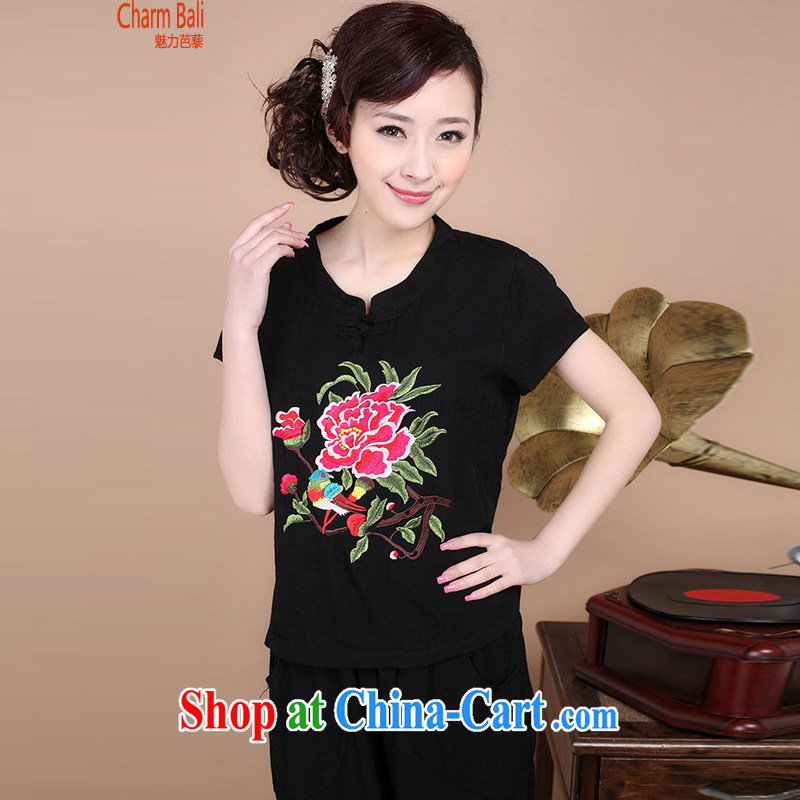 2015 summer decor, cotton embroidery Tang replace V collar short-sleeve T-shirt pants two piece set to sell black XXXL