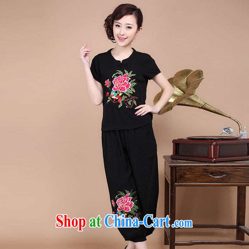 2015 summer decor, cotton embroidery Tang replace V collar short-sleeve T-shirt pants two piece set to sell black XXXL charm, as well as Asia and (Charm Bali), online shopping