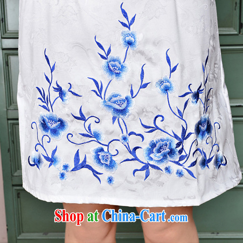 Air Shu Diane 2015 summer new cheongsam dress girl short, cultivating jacquard cotton retro flower dresses 1583 White on Blue and white porcelain XXL, aviation Shu Diane, shopping on the Internet