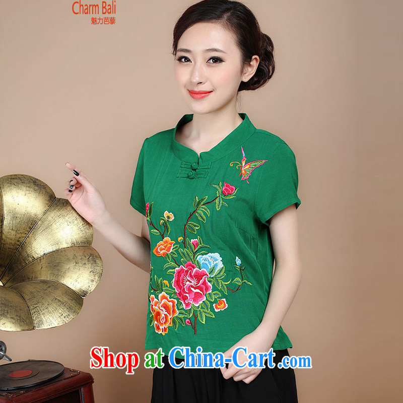 Hip Hop charm and Asia 2015 summer Korean retro beauty embroidered Chinese short-sleeved round neck with short T-shirt Trouser press kit to sell green T-shirt XL