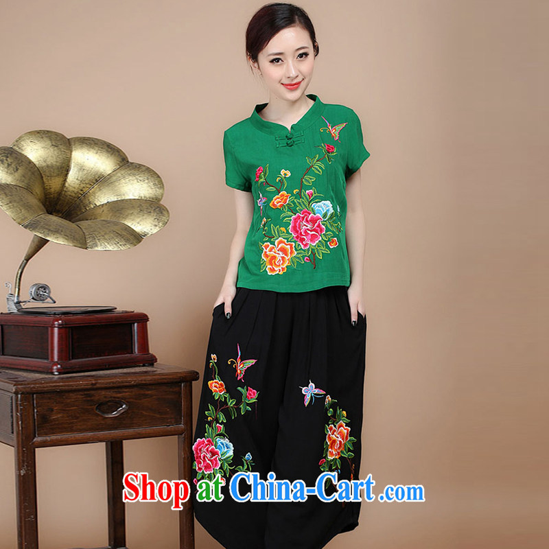 Hip Hop charm and Asia 2015 summer Korean retro beauty embroidered Chinese short-sleeve round neck with short T-shirt pants set to sell green T-shirt XL charm, as well as Asia and (Charm Bali), online shopping