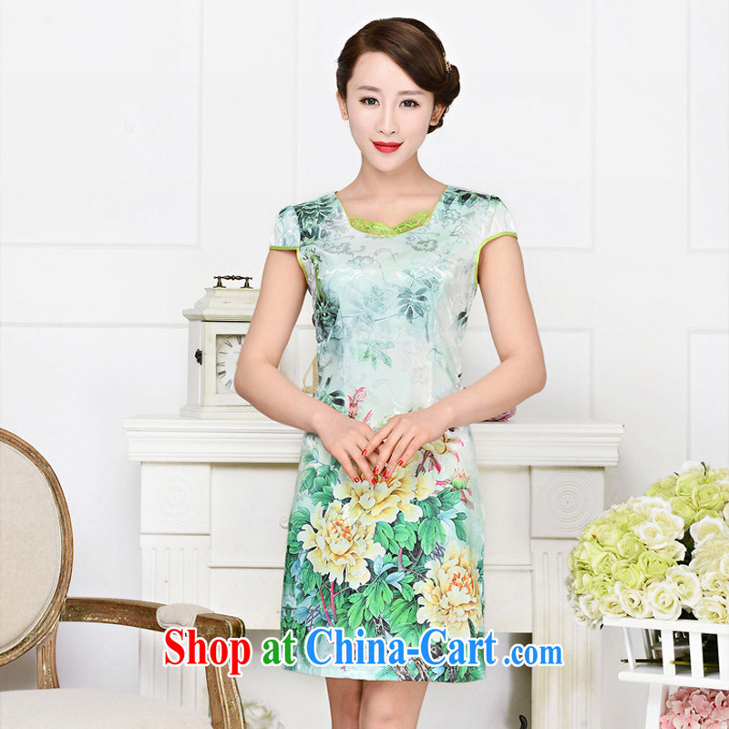 2015 new elegant the flap to take ice silk cotton short cheongsam ethnic wind Tang is a collar dresses 1585 yellow peony flower XL