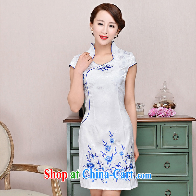 cheongsam dress spring 2015 new summer girl short, cultivating jacquard ice silk cotton Stylish retro flower sleeveless dresses 1583 white porcelain was XXL