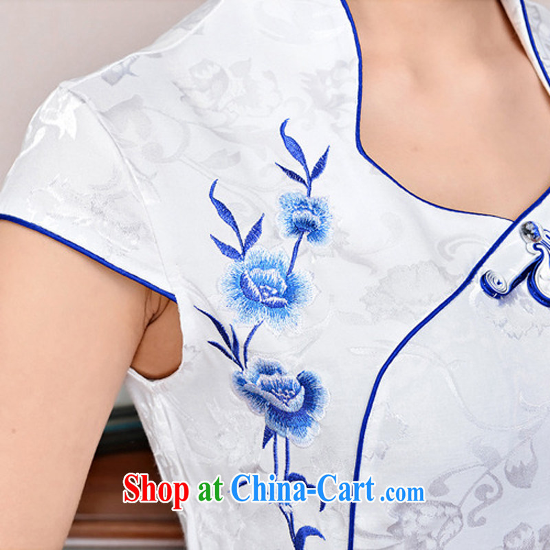 cheongsam dress 2015 New Spring, Summer girl short, cultivating jacquard ice silk and cotton and Stylish retro flower sleeveless dresses 1583 white blue and white porcelain XXL, Xin Wei era, shopping on the Internet