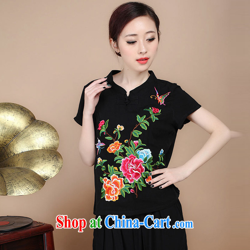 2015 summer edition Korea retro beauty embroidered Chinese short-sleeved round neck with short T-shirt Trouser press kit to sell black T-shirt XXL, charm and Barbara (Charm Bali), online shopping