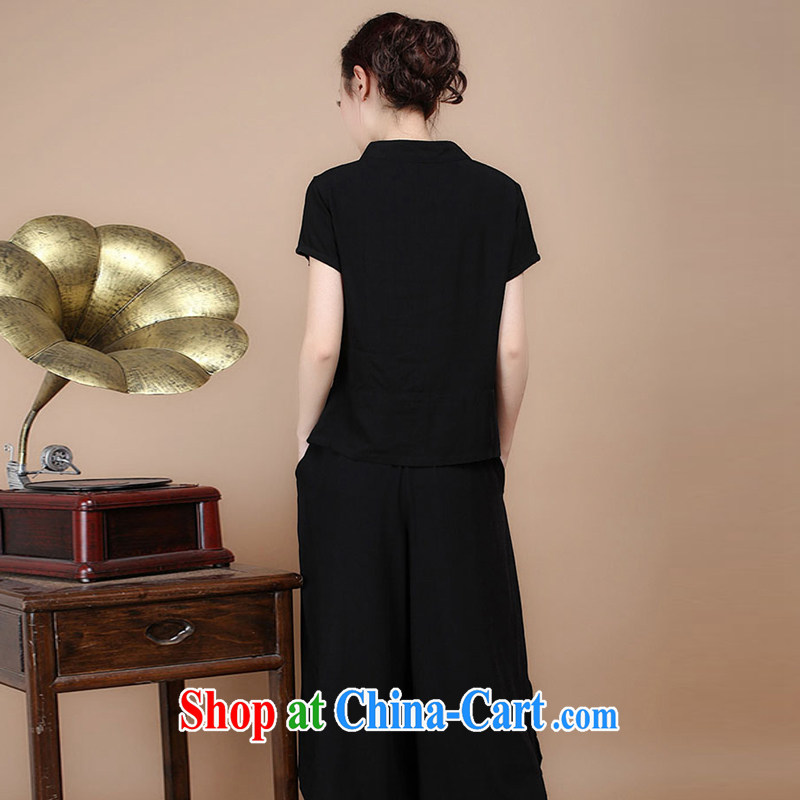 2015 summer edition Korea retro beauty embroidered Chinese short-sleeved round neck with short T-shirt Trouser press kit to sell black T-shirt XL, charm and Barbara (Charm Bali), online shopping