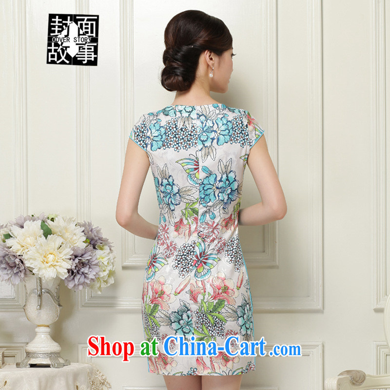 Cover Story summer 2015 new short-sleeve stamp cheongsam dress retro embroidery and decoration, package and dresses female solid blue skirt XXL, the cover story (cover story), online shopping