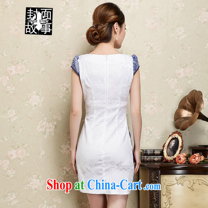 Cover Story 2015 spring and summer new, blue and white porcelain beauty V collar cheongsam further stamp duty as a solid color A Field short-sleeved dresses female Green XXL, the cover story (cover story), online shopping
