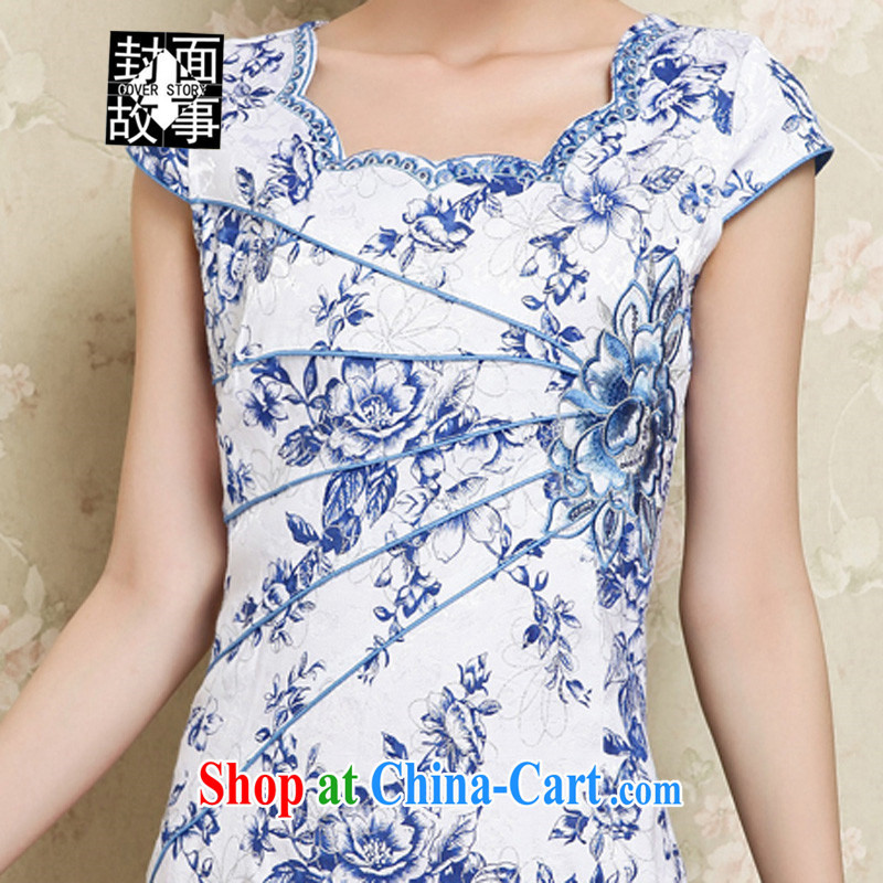 Cover Story 2015 New Spring, Summer girls and fresh blue stamp duty cultivating improved stylish retro floral cheongsam dress short-sleeved dresses blue XXL, the cover story (cover story), online shopping