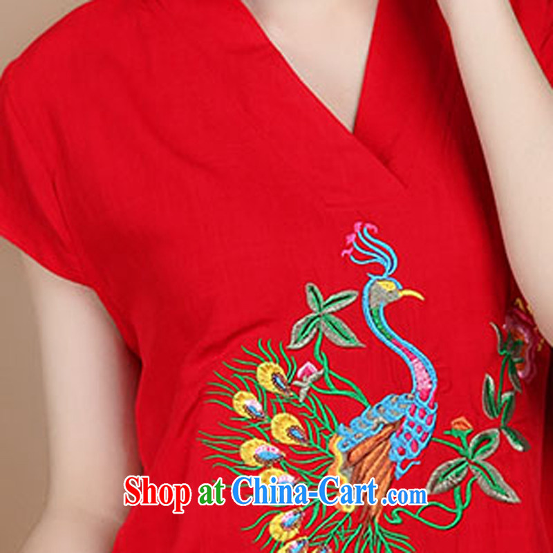 2015 summer beauty antique embroidered Chinese short-sleeved V collar Tang in long T-shirt red XL, charm and Barbara (Charm Bali), shopping on the Internet