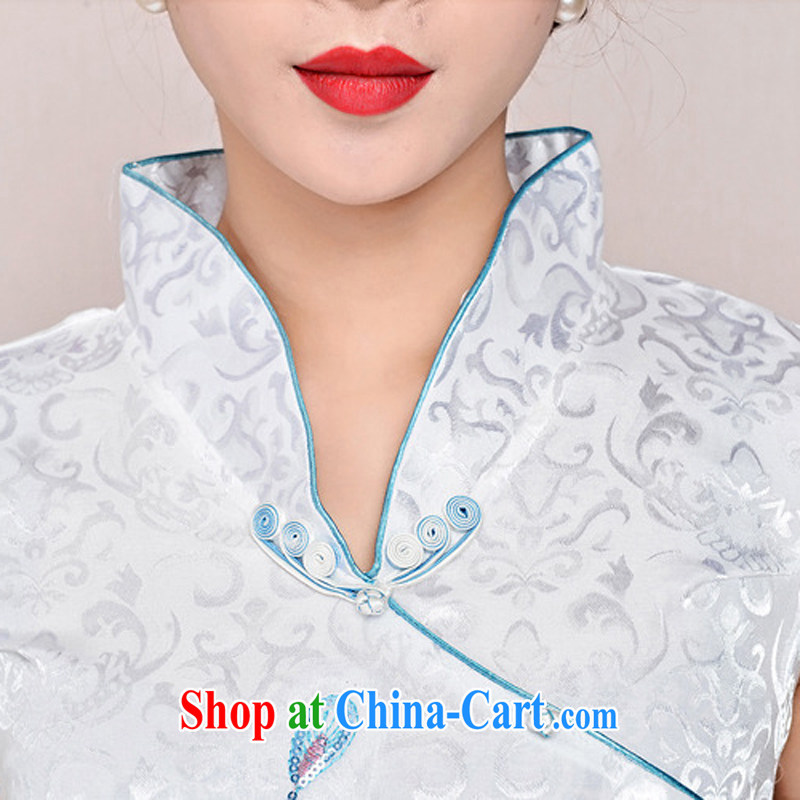 Dresses 2015 new spring and summer with black on white jacquard cotton retro-day improved cheongsam dress style women 1582 black on white Phoenix orchids deep red XXL, rain poems, shopping on the Internet