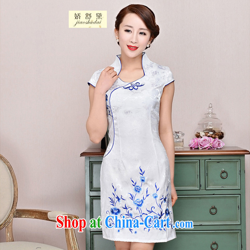 Air Shu Diane 2015 summer new cheongsam dress girl short, cultivating jacquard cotton retro flower dresses 1583 white, small flowers XL
