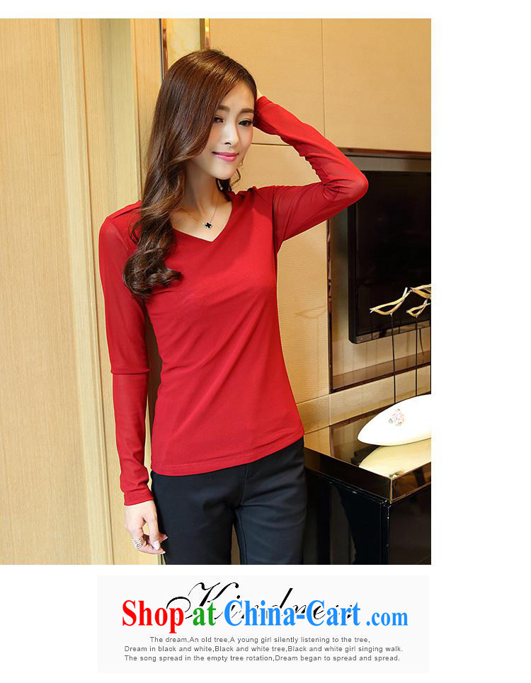 Ya-ting store 2015 spring new Korean Beauty larger female T-shirt V collar sexy back leather blossoms silk yarn solid T-shirt wine red XXL pictures, price, brand platters! Elections are good character, the national distribution, so why buy now enjoy more preferential! Health
