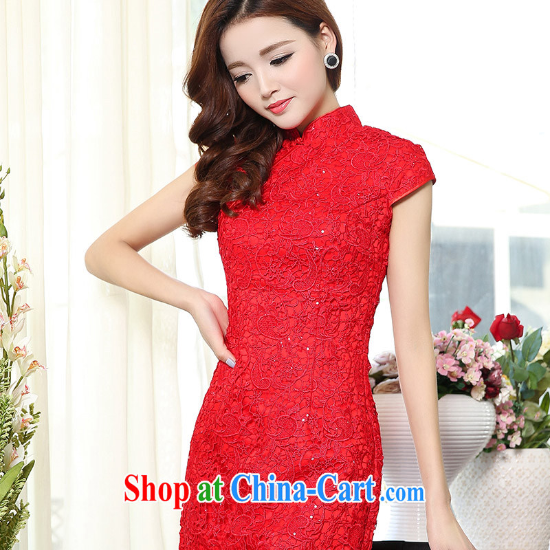 Access to and the Sau 2015 spring new female cheongsam dress red Chinese Antique serving long, short-sleeved Openwork lace bridal toast serving red XXXL, on their own, the show, and, shopping on the Internet