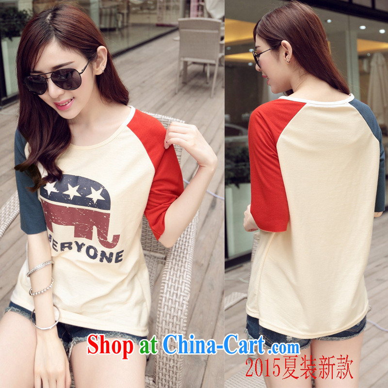 Ya-ting store 2015 summer new, large, loose creative and stylish T-shirt short-sleeved round neck stamp Korea T shirts wholesale 8976 beige 2 XL, blue rain bow, and, shopping on the Internet