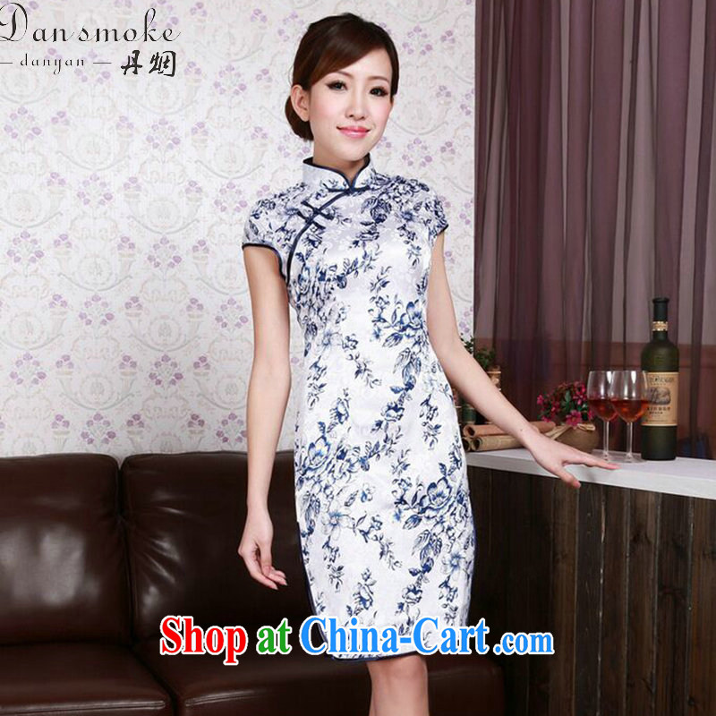 Dan smoke summer new cheongsam dress Chinese improved blue and white porcelain Chinese, for a tight cotton short cheongsam as color 2XL, Bin Laden smoke, shopping on the Internet