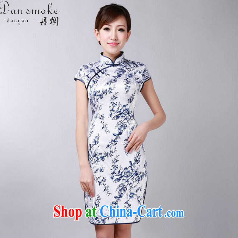 Dan smoke summer new cheongsam dress Chinese improved blue and white porcelain Chinese, for a tight cotton short cheongsam as color 2XL, Bin Laden smoke, shopping on the Internet