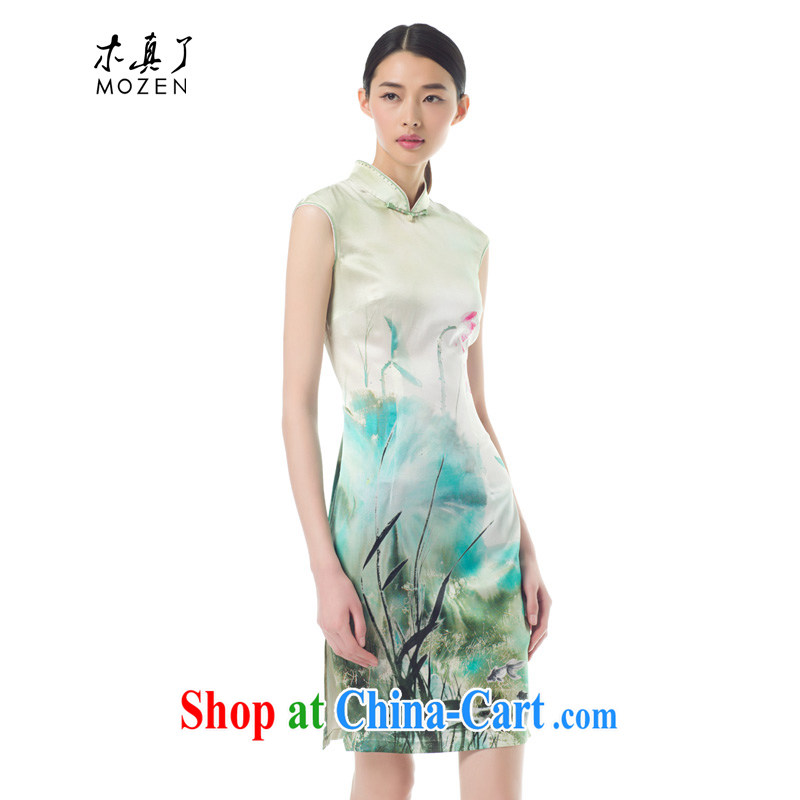 Wood is really the female 2015 spring and summer New Silk spring water and ink~ Lotus short flag classic qipao 21,851 15 light green XXXL