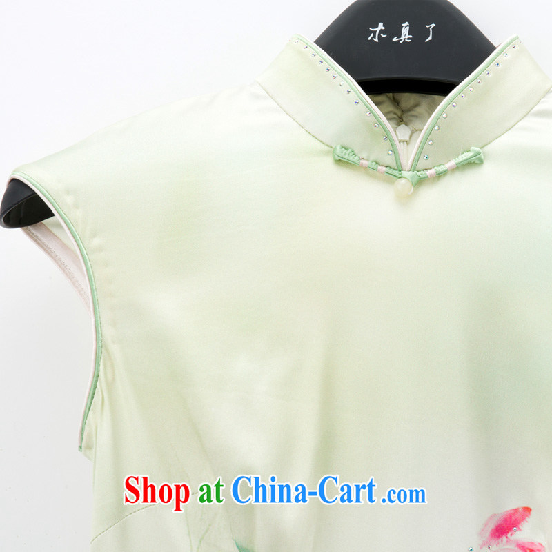 Wood is really the female 2015 spring and summer New Silk spring water and ink~ Lotus short flag classic qipao 21,851 15 green XXXL, wood really has, online shopping