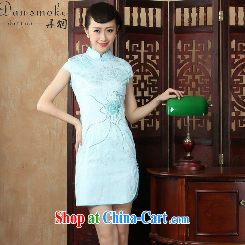Dan smoke summer new dresses daily improved Chinese Antique cheongsam dress women, embroidery collar cotton short cheongsam light blue 2 XL