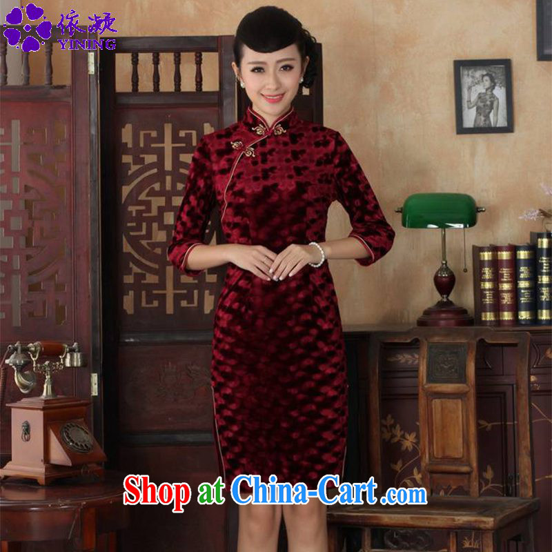 According to fuser stylish new female Ethnic Wind improved daily Chinese qipao Kim wool beauty 7 sub-cuff Tang fitted dresses skirts LGD_TD 0018 _wine red 3 XL