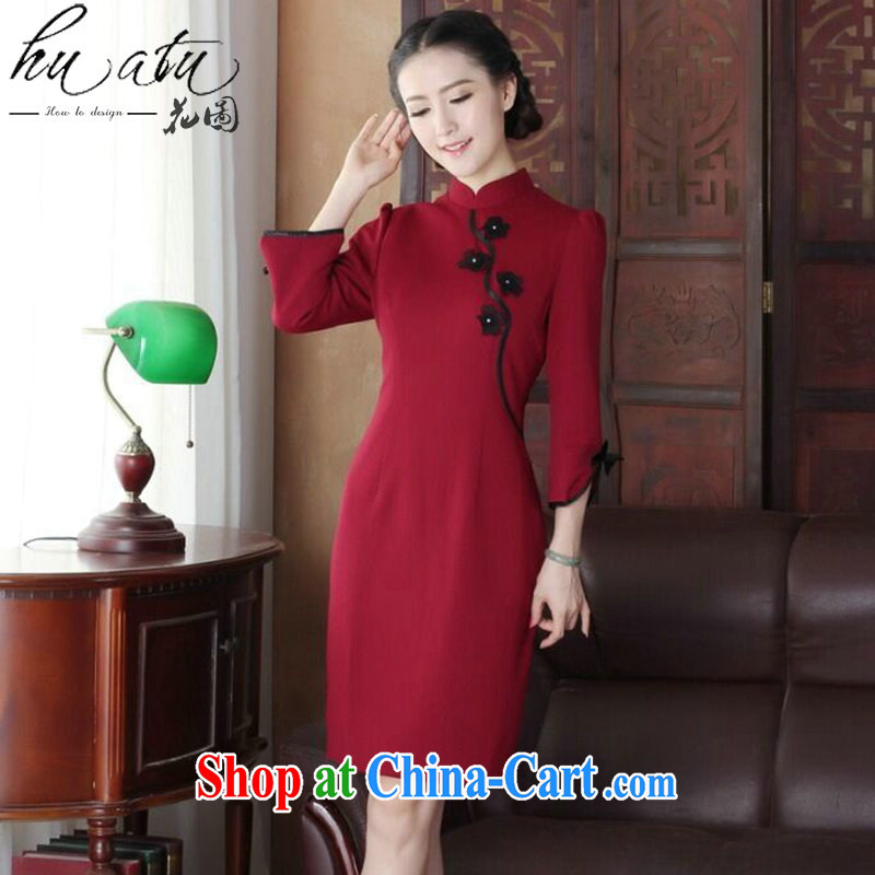 Take the cheongsam dress upscale Chinese improved, manually for three-dimensional flower knitting fashion cheongsam dress cheongsam banquet serving wine red 3XL, spend, and shopping on the Internet