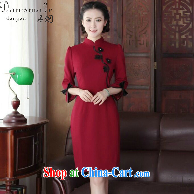 Dan smoke cheongsam dress upscale Chinese improved, manually for three-dimensional flower knitting fashion cheongsam dress cheongsam banquet serving wine red 3XL