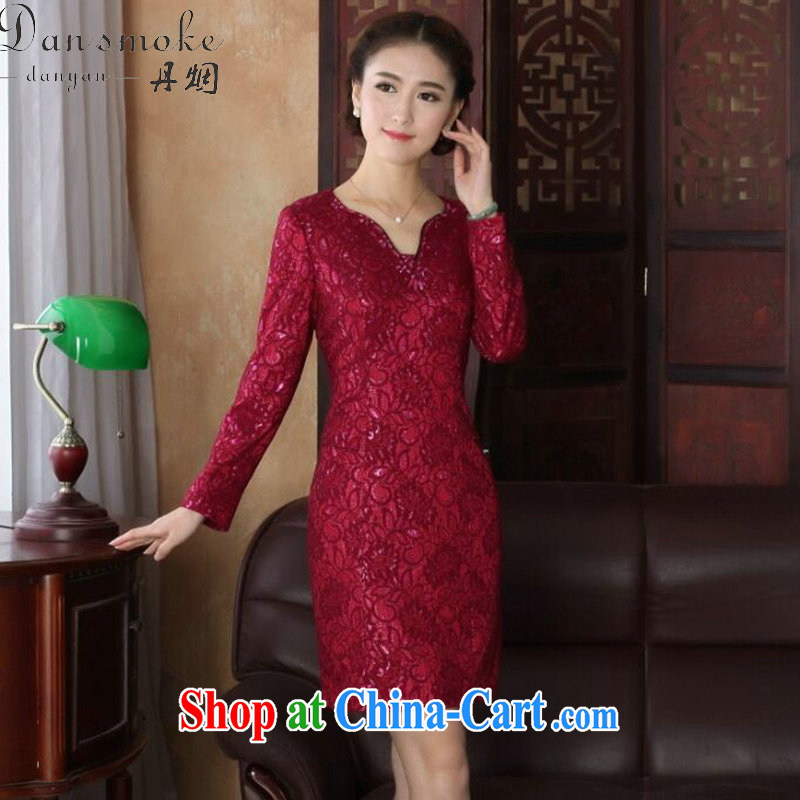 Dan smoke spring new Chinese Dress U for improved cheongsam dress manually staple Pearl lace dinner long-sleeved qipao gown shown in Figure 3XL, Bin Laden smoke, shopping on the Internet