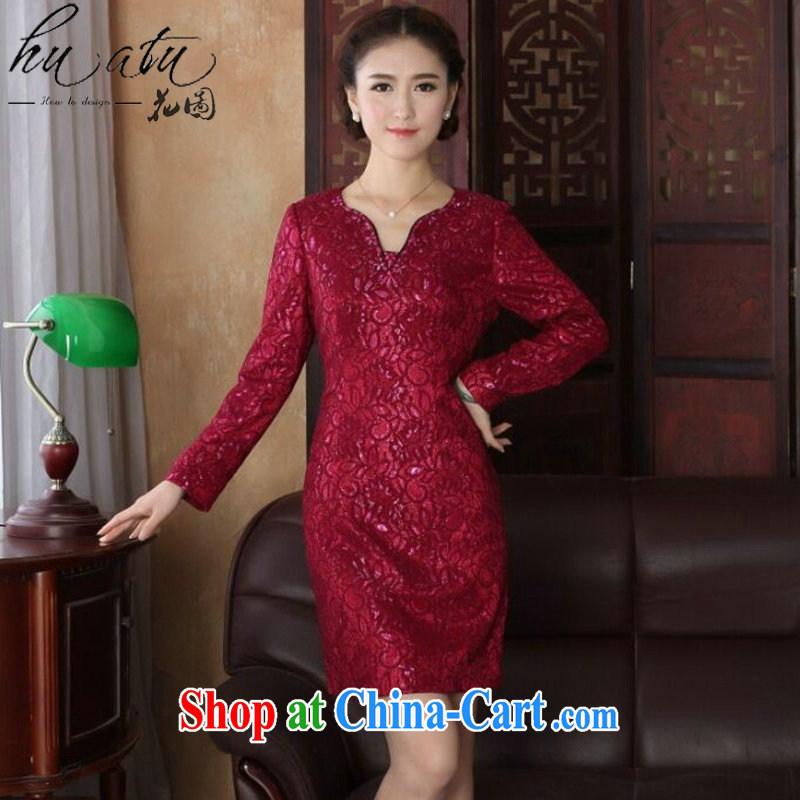 Take the Spring and Autumn and new Chinese Dress U for improved cheongsam dress manually staple Pearl lace dinner long-sleeved qipao gown shown in Figure 3XL