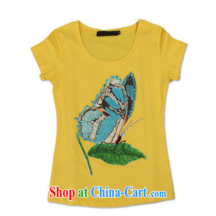 hamilton 2015 New boutique ladies fashion butterfly manually staple beads wood drill the European site stretch cotton female T shirt T-shirt yellow XXXL pictures, price, brand platters! Elections are good character, the national distribution, so why buy now enjoy more preferential! Health
