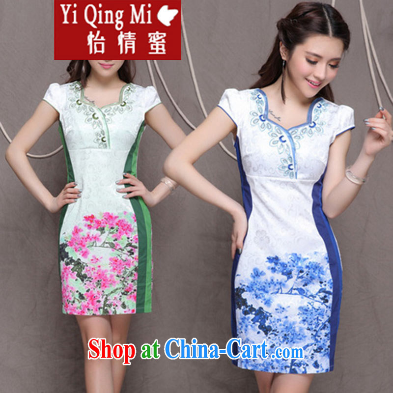 and honey 2015 embroidered cheongsam high-end ethnic wind and stylish Chinese qipao dress daily retro beauty video tall blue qipao XXL, and honey (yiqingmi), online shopping