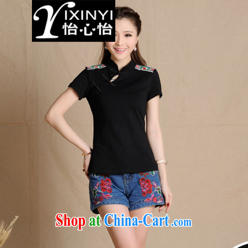 Yi Hsin Yi 2015 National wind embroidered cap shoulder adornment features cotton T female black XXL, Selina Chow and Chow (YIXINYI), shopping on the Internet