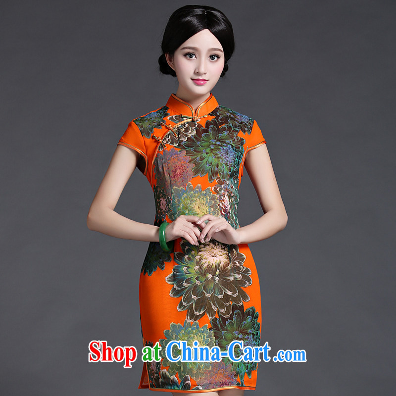 China classic spring and summer new, Ms. daily short cheongsam dress retro improved stylish and elegant arts van orange XL, China Classic (HUAZUJINGDIAN), online shopping