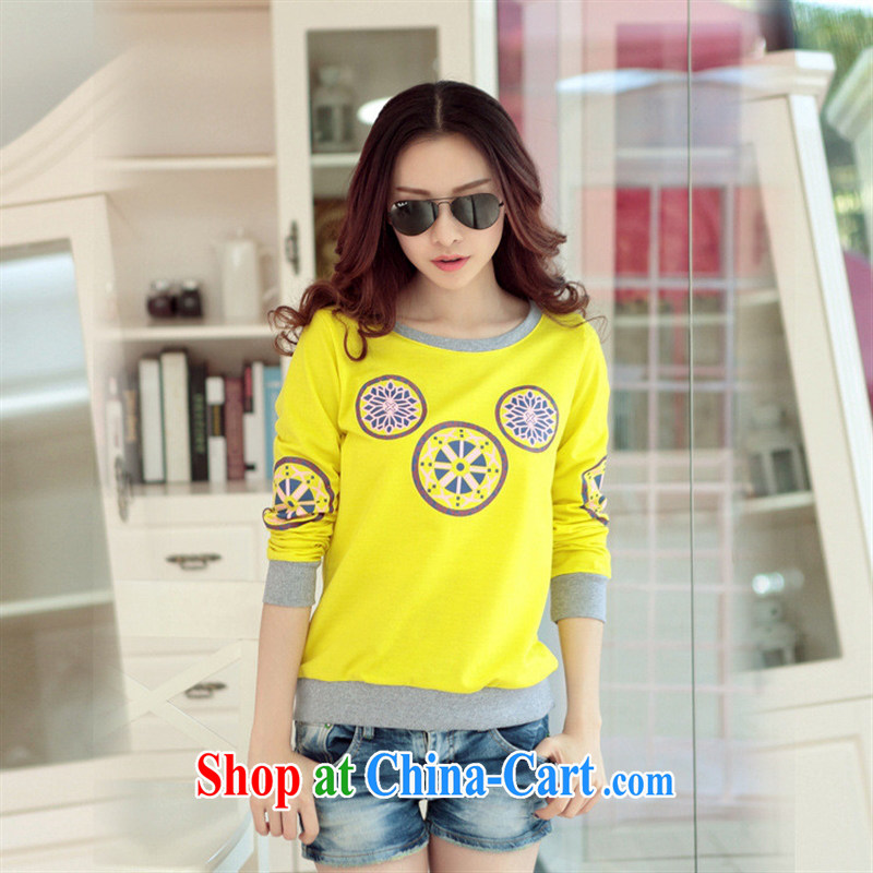 Rachel Deloitte Touche Tohmatsu Deloitte Touche Tohmatsu store sunny store 2015 new spring Korean female long-sleeved round-style solid retro stamp T shirts yellow XL