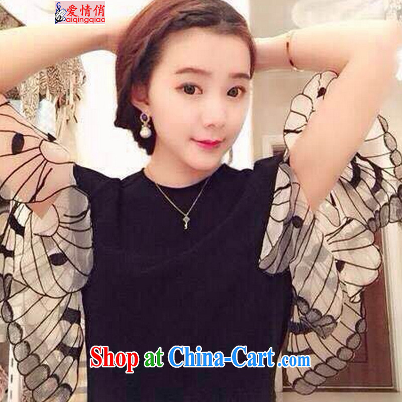 Love, 2015 new stylish casual simplicity and bow-tie cuff 100 ground T-shirt 8737 black, code, love for AI QING QIAO), shopping on the Internet