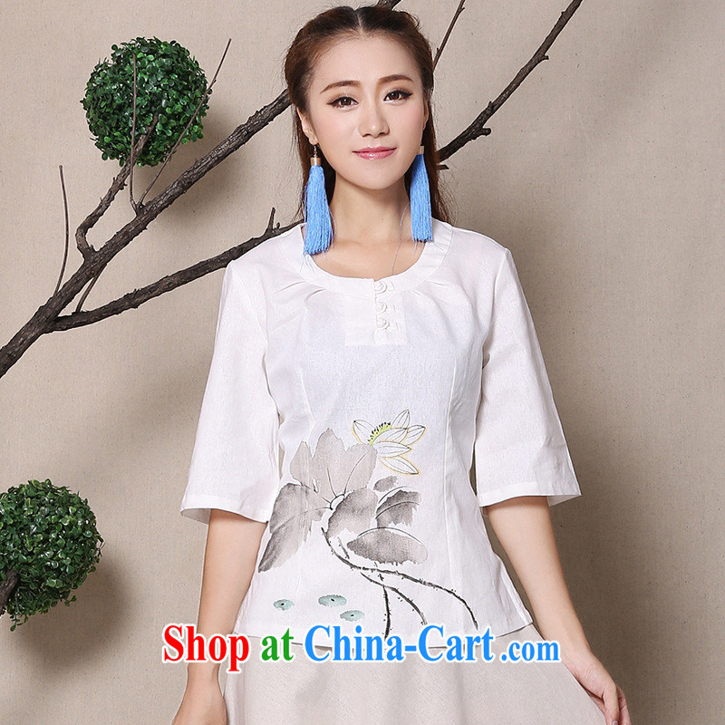 Health concerns women * National 2015 cotton Ma hand-painted antique arts improved Chinese T-shirt cotton the Zen lounge Ma T-shirt F 2584 white XL, blue rain bow, and, online shopping