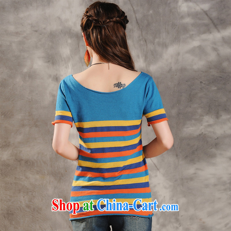 Health concerns women * National 2015 spring and summer new literary and artistic wind streaks knitted breathable short-sleeved T loose the code t-shirt girl F 2509 figure color code, blue rain bow, and, on-line shopping