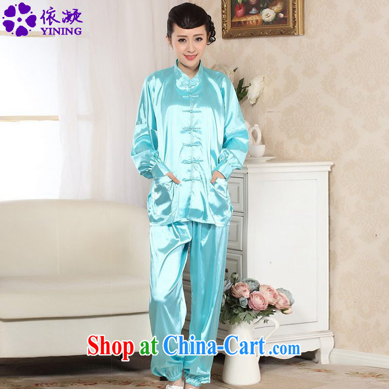 According to fuser stylish new, older female Chinese Han-chinese Kit Tai Chi clothing Kung Fu shirt LGD_M 0048 _Lake blue 2 XL