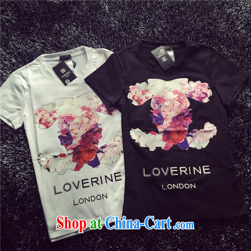 Qin Qing store European site 2015 spring and summer new European female short-sleeve T-shirt women cultivating flower stamp solid T-shirt women T-shirt black XL