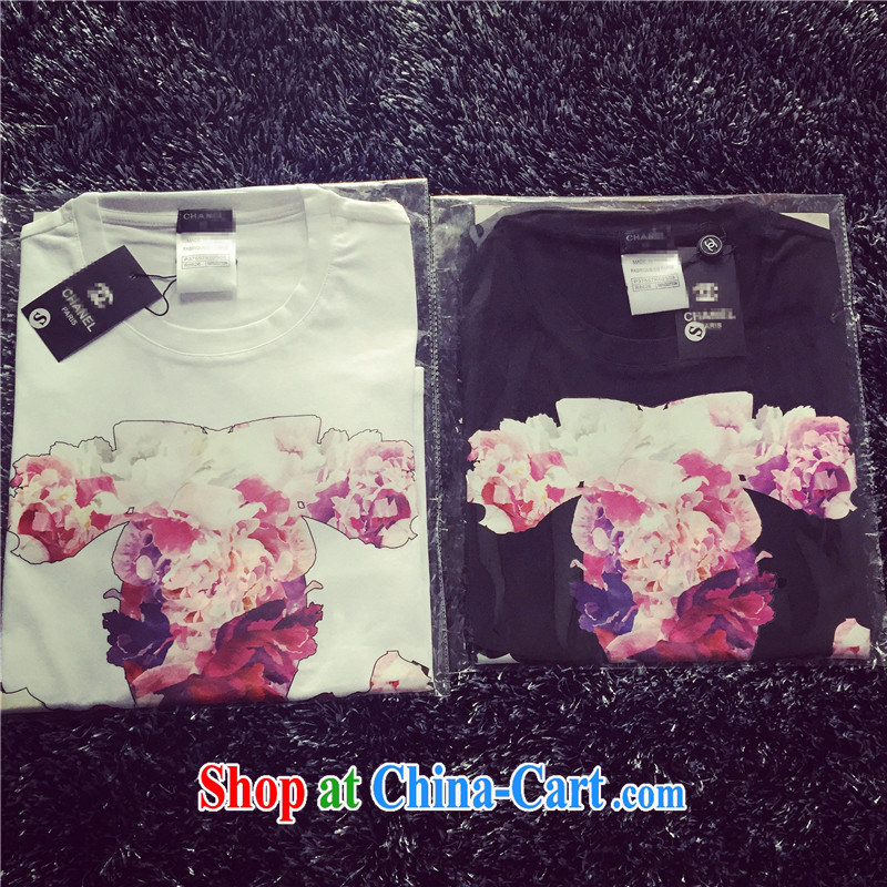 Qin Qing store the European site 2015 spring and summer, the United States and Europe female short-sleeved T-shirt female beauty flower stamp solid T-shirt women T-shirt black XL, GENYARD, shopping on the Internet
