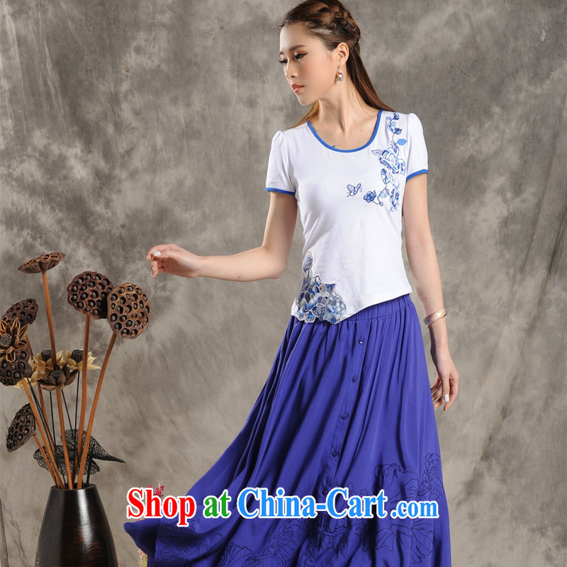 Black butterfly G 2802 National wind female new blue embroidery circle for cultivating cotton short-sleeved T 桖 female white 2 XL, A . J . BB, shopping on the Internet