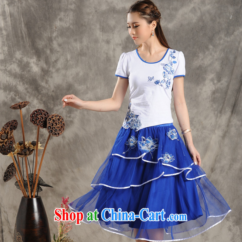 Black butterfly G 2802 National wind female new blue embroidery circle for cultivating cotton short-sleeved T 桖 female white 2 XL, A . J . BB, shopping on the Internet