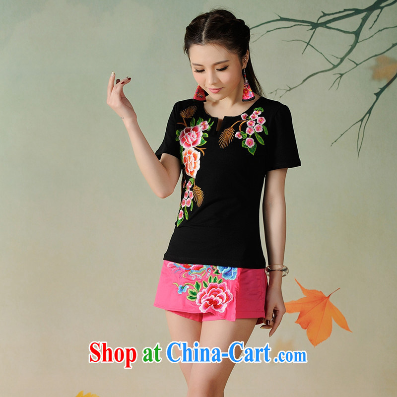Black butterfly G 2662 National wind women spring and summer new small U collar beautiful embroidered cultivating short-sleeved cotton T 桖 white 3XL, A . J . BB, and shopping on the Internet