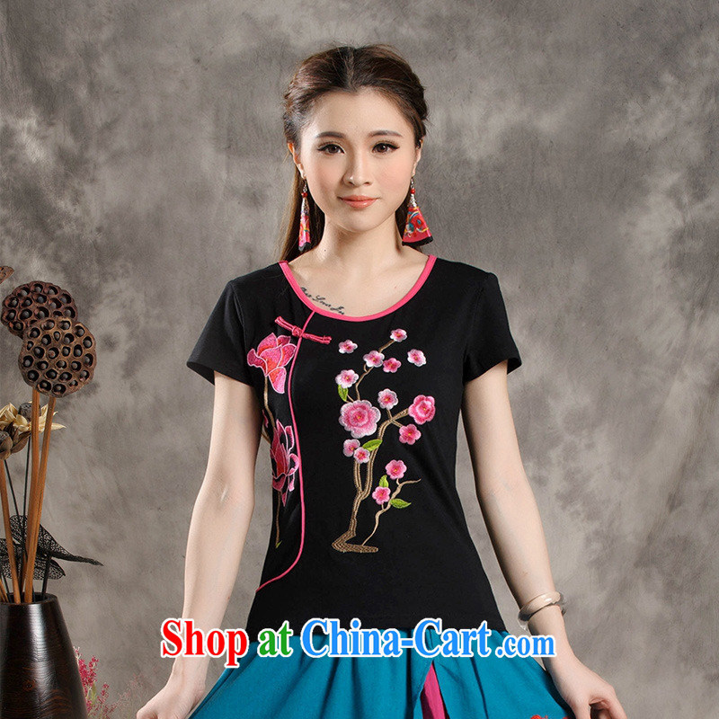 Black butterfly Y 7310 National wind women summer new embroidered stitching round-collar cultivating short-sleeved cotton shirt T black 4 XL, A . J . BB, shopping on the Internet