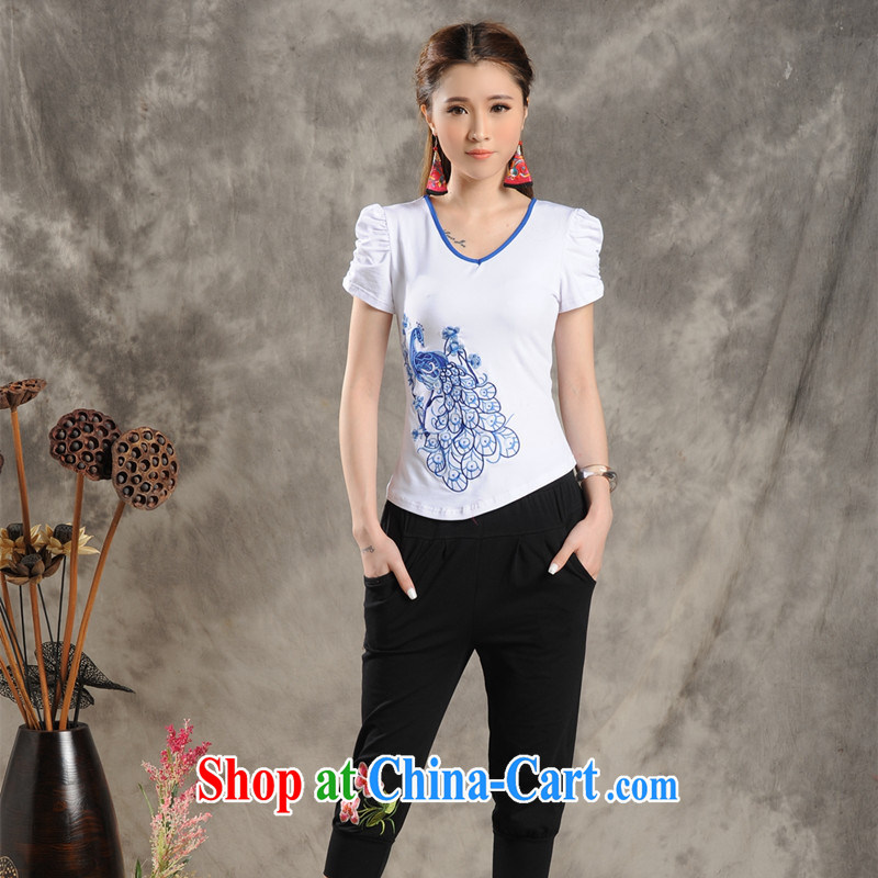 Black butterfly G 2801 National wind women, summer colors of Peacock embroidery cotton round-collar short-sleeve T 桖 girls blue 2 XL, A . J . BB, shopping on the Internet