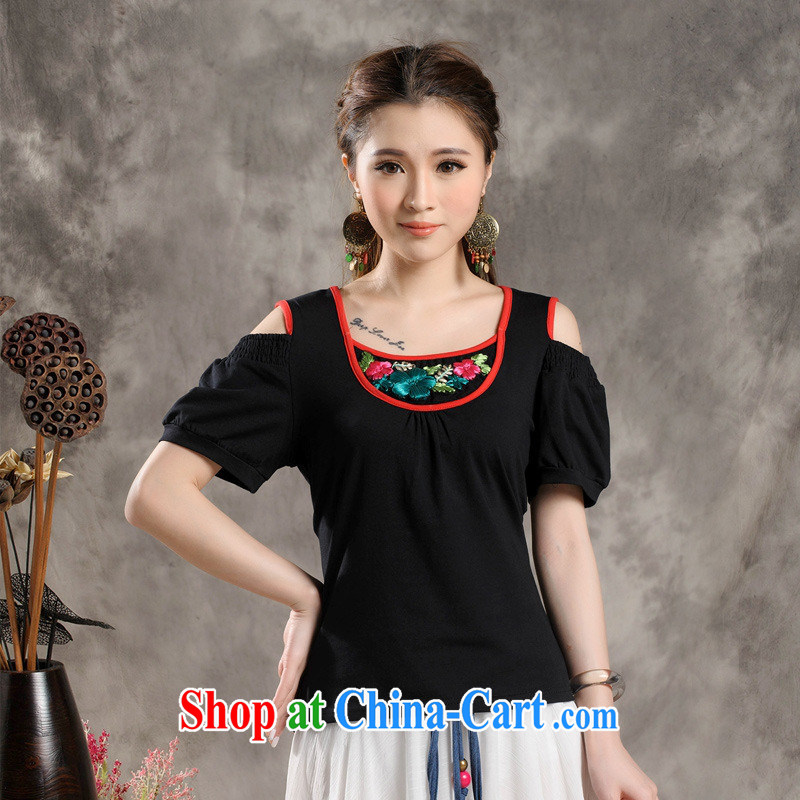 Black butterfly Y 7302 National wind women summer new, three-dimensional flower stitching your shoulders short-sleeved cultivating cotton T pension black 4XL, A . J . BB, shopping on the Internet