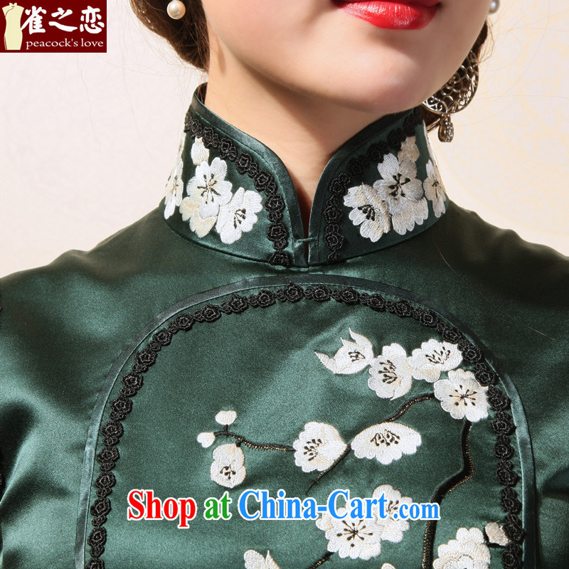 Birds of summer 2015 with new, the collar embroidered cheongsam manually Push embroidered heavy silk short sleeves cheongsam dress dark green XL, birds of the land, and on-line shopping