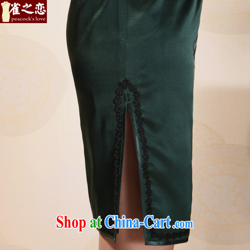 Birds of summer 2015 with new, the collar embroidered cheongsam manually Push embroidered heavy silk short sleeves cheongsam dress dark green XL, birds of the land, and on-line shopping